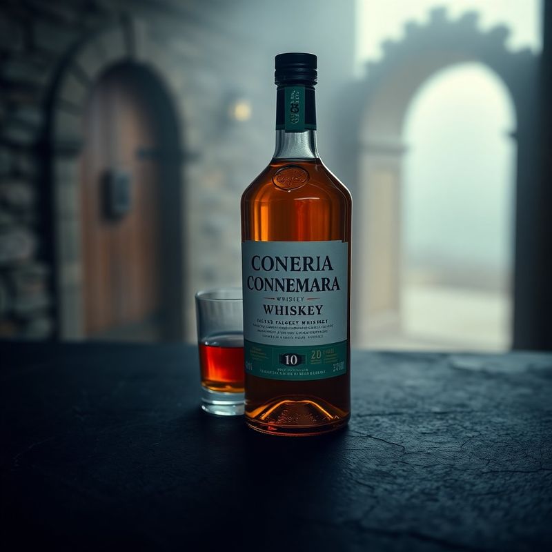 Connemara whiskey bottle on a slate surface with soft Atlantic fog in the background