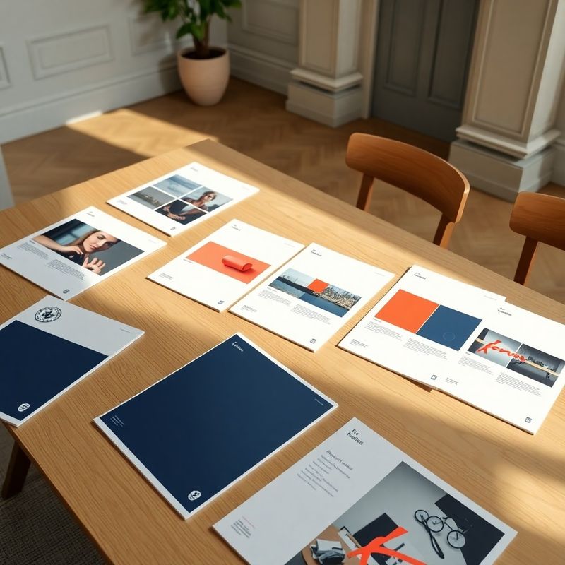 Top-down view of printed portfolio case studies spread across a light oak table