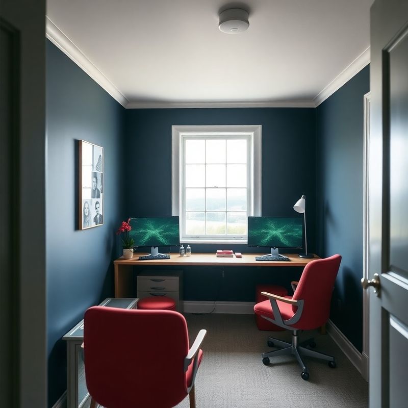 Compact Galway digital studio with midnight navy walls and coral accents