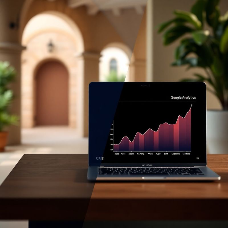 Split-screen showing a brand mock-up beside a rising analytics line chart