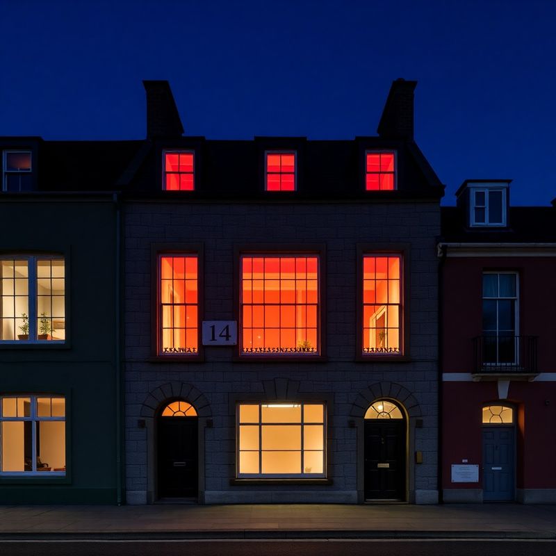 14 Eyre Square Galway exterior at dusk with warm coral interior light