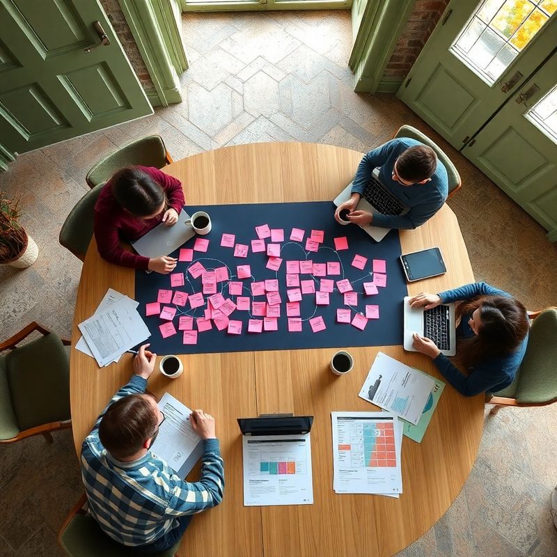 Overhead view of a strategy workshop table with sticky notes and competitor matrices